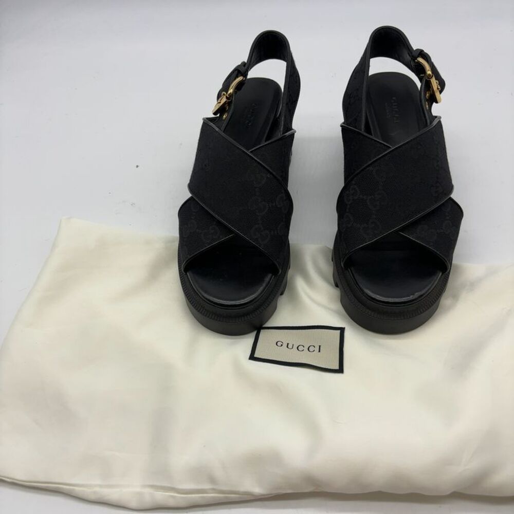 Gucci Black Platform Chunky Sandals with Gold Buckle